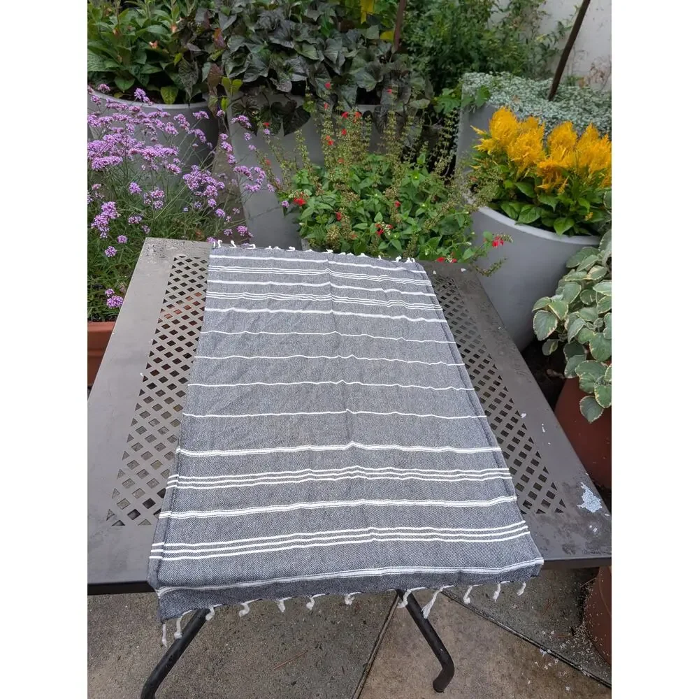 Set of 2 Gray White Striped Tassel Hand Towels